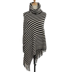 Striped Cowl Neck Fringe Boho Poncho, One Size